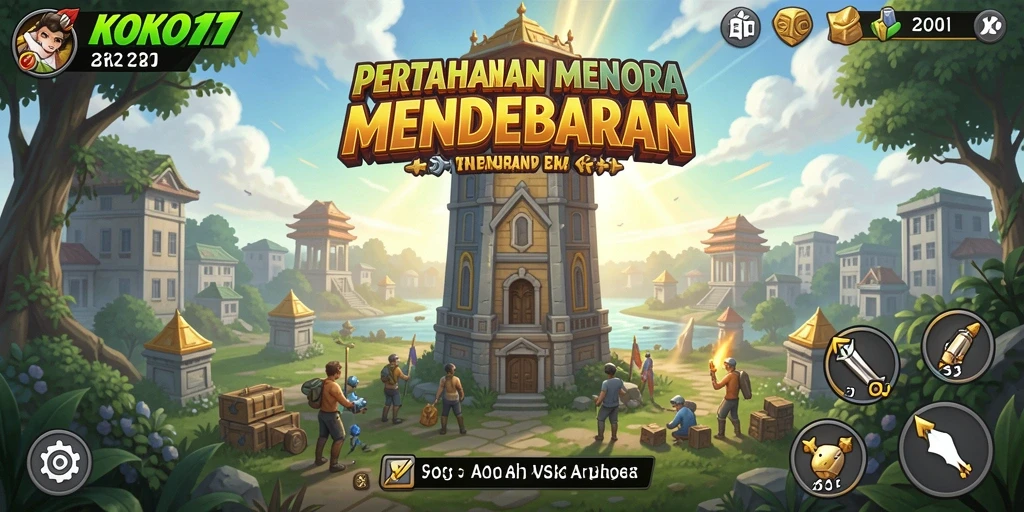 Tampilan gameplay KOKO11 dengan menara pertahanan yang aktif dan serangan musuh.