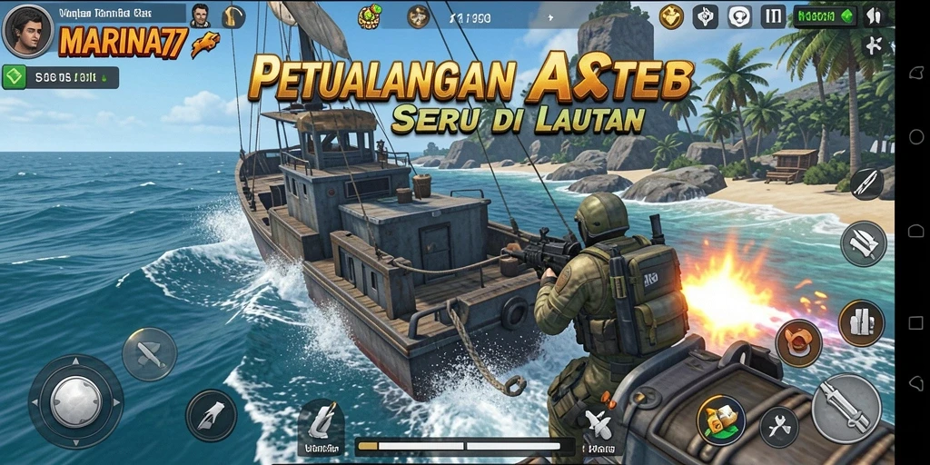 Tampilan gameplay <strong>MARINA77</strong> dengan aksi pertempuran seru di laut.
