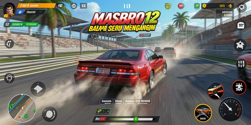 Screenshot utama MASBRO12 menampilkan aksi balapan yang mendebarkan.